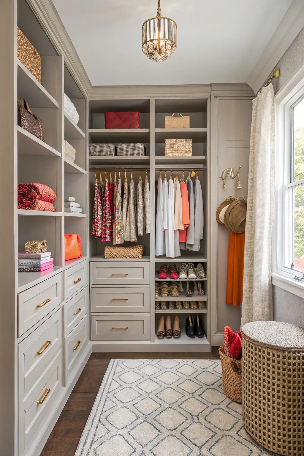 A closet featuring a balanced color palette with neutral and bold highlights.