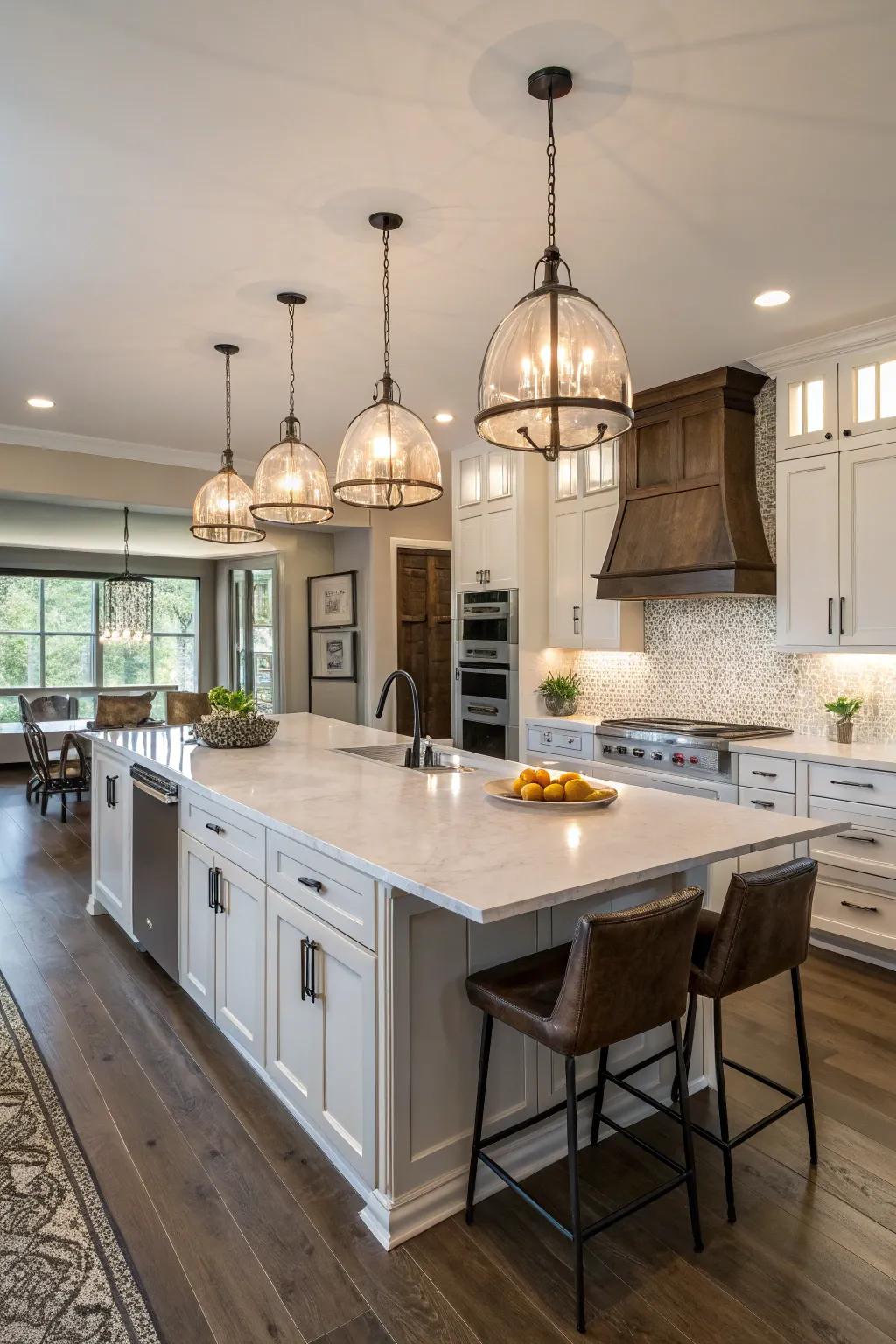 Eye-catching lights add elegance to any kitchen.
