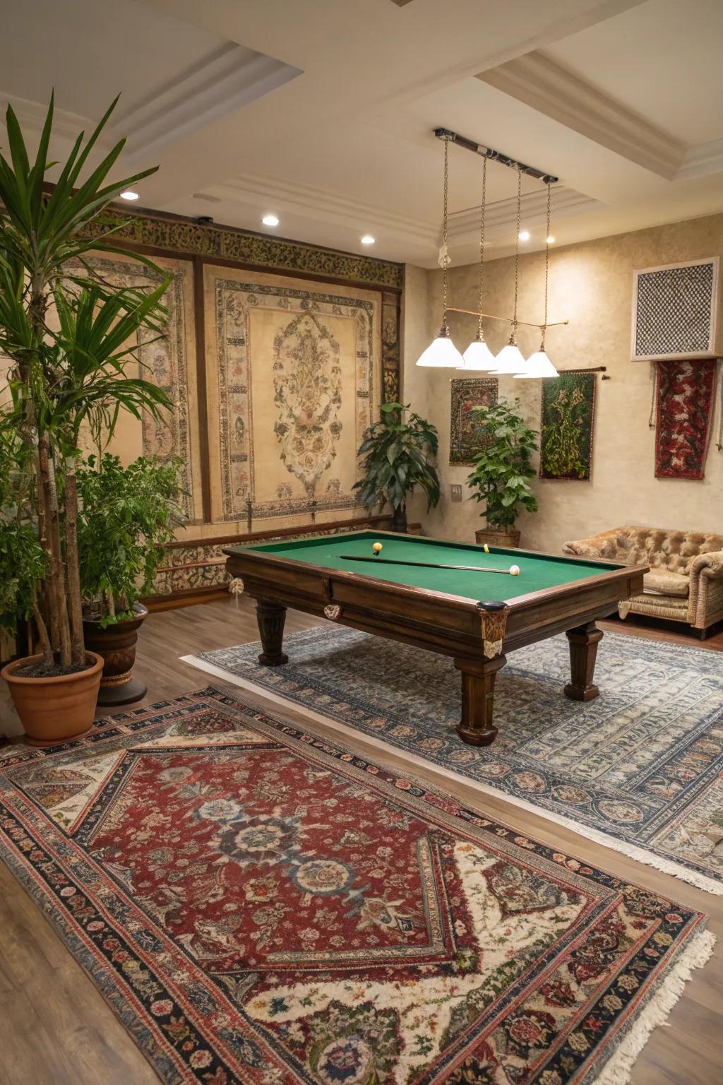 Decorative details such as rugs and plants contribute to a warm billiard room.