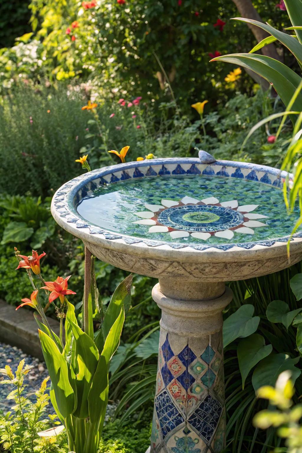An artistic mosaic bird bath with blue and green tiles, adding creative flair to the garden.