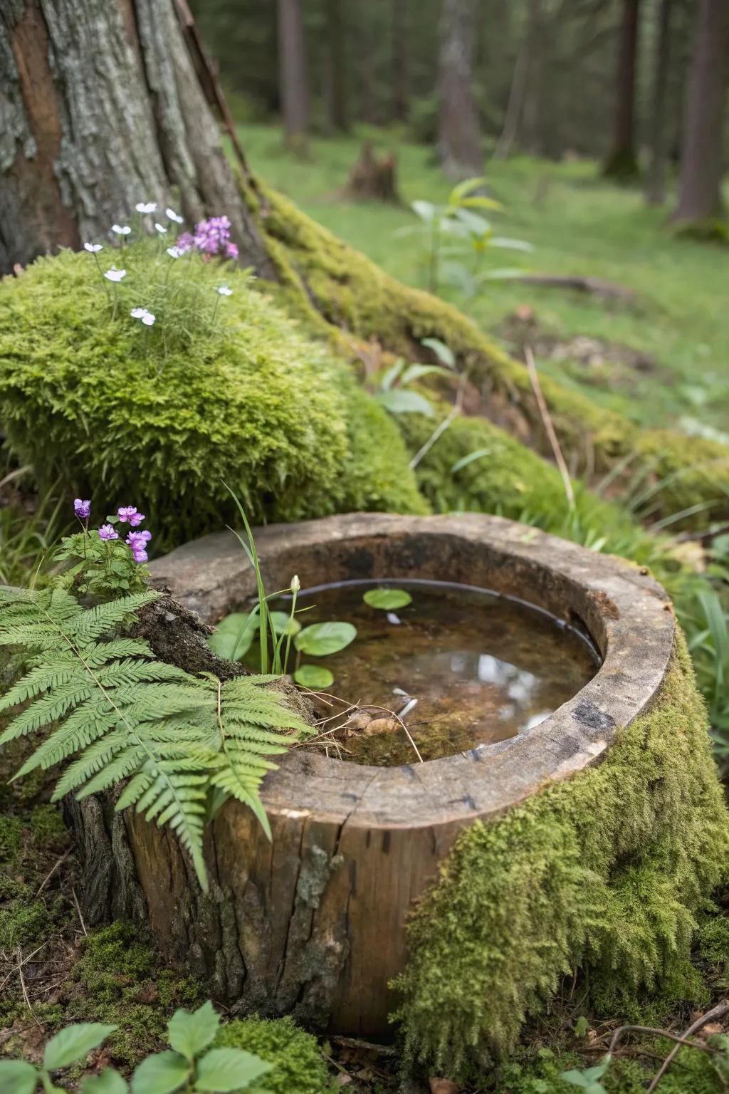 A wooden bird bath presents a rustic, inherent setting for garden visitors.