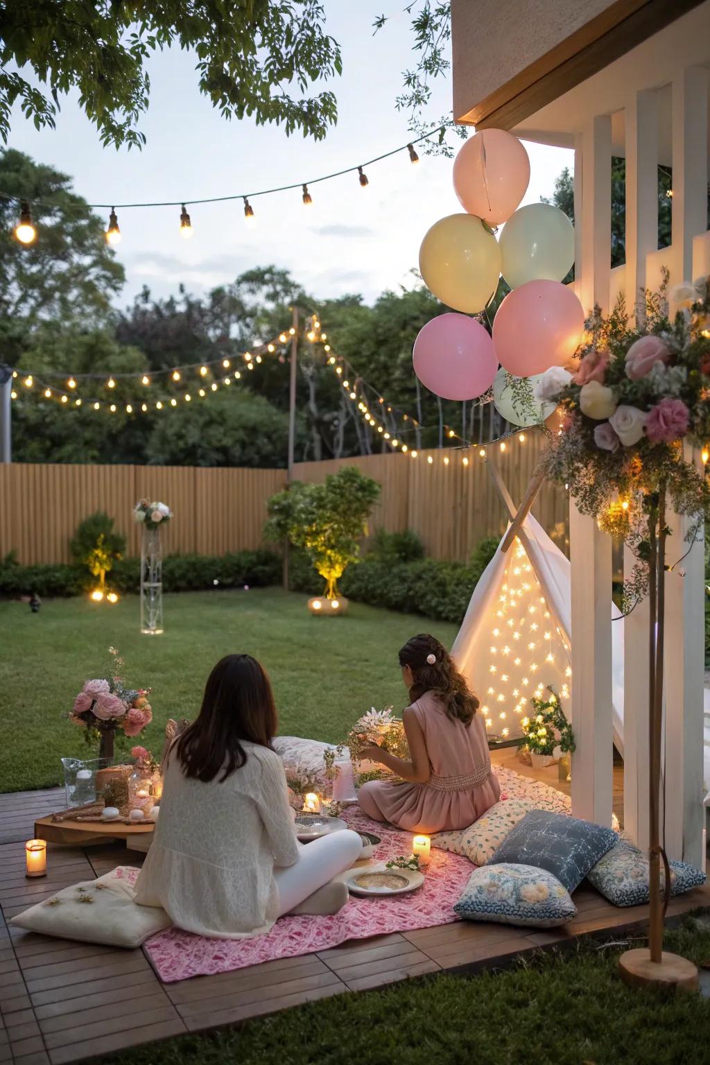 A sophisticated outdoor party arrangement with cozy floor seating for relaxed enjoyment.