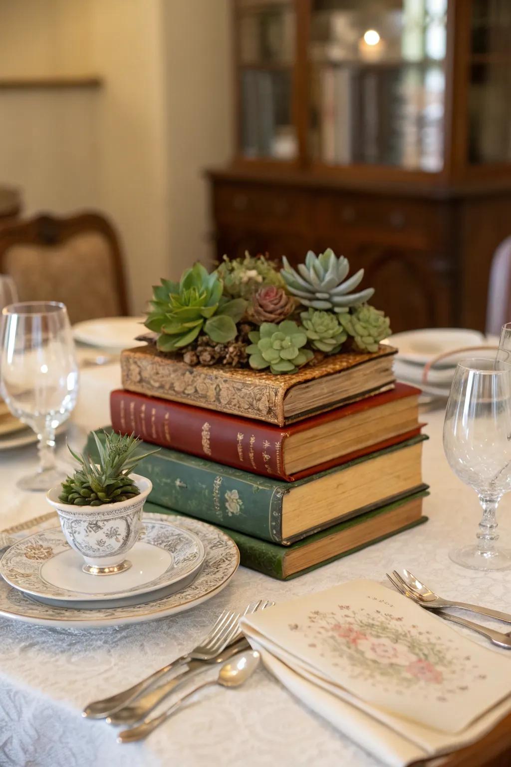 A timeless tome stack centerpiece impeccable for book enthusiasts.
