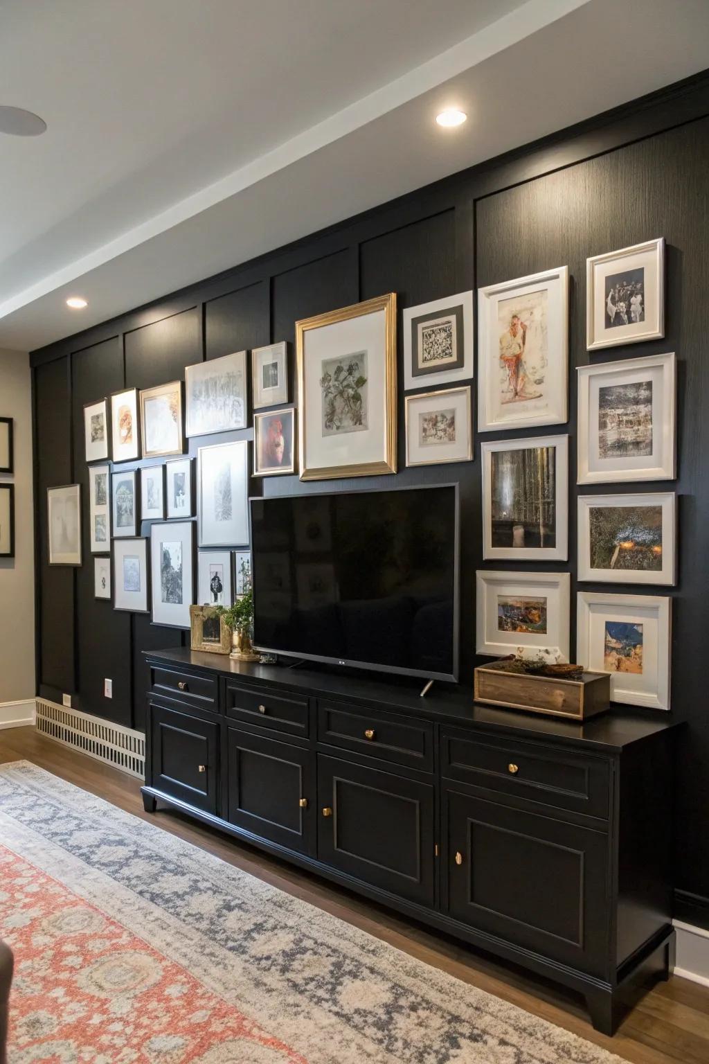 An art display introduces personality and flair to a dark accent wall.