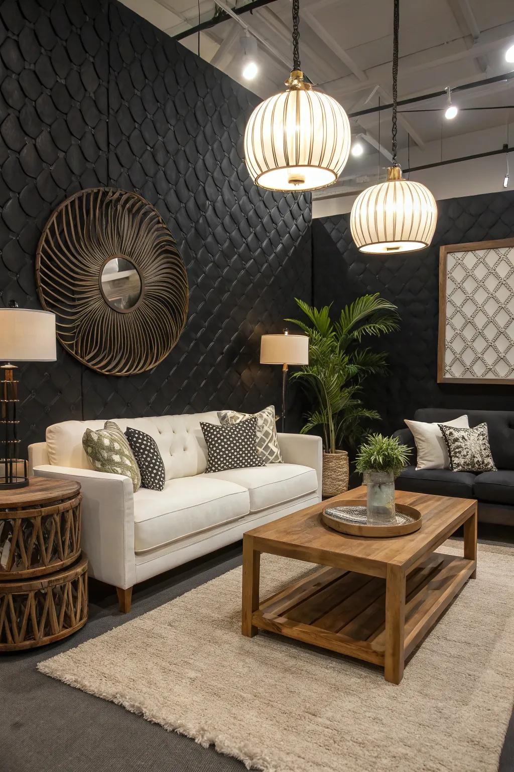 A room showcasing a textured black accent wall that enriches depth and uniqueness.