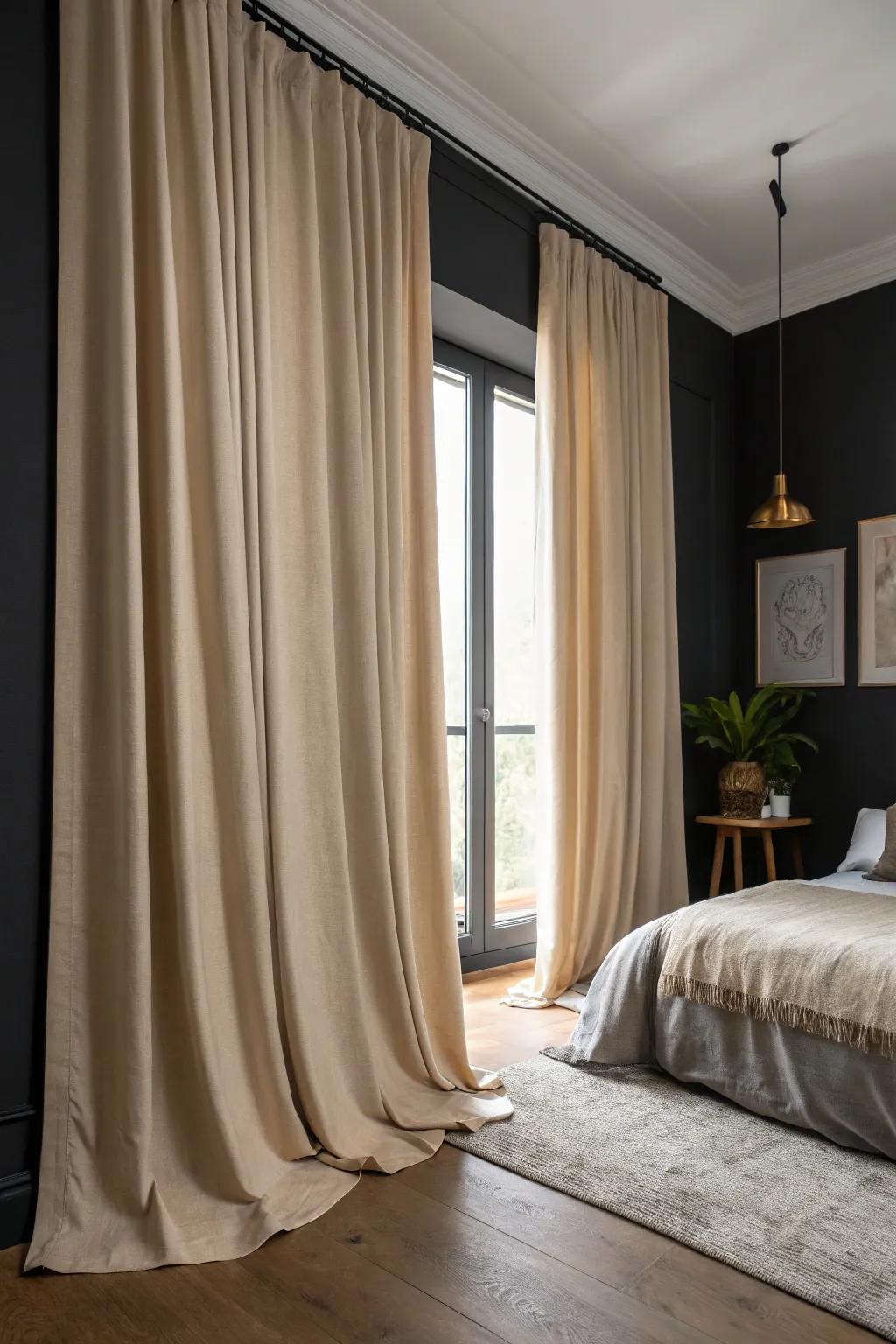 Beige window coverings soften the overall appearance and exquisitely enhance deep-toned walls.