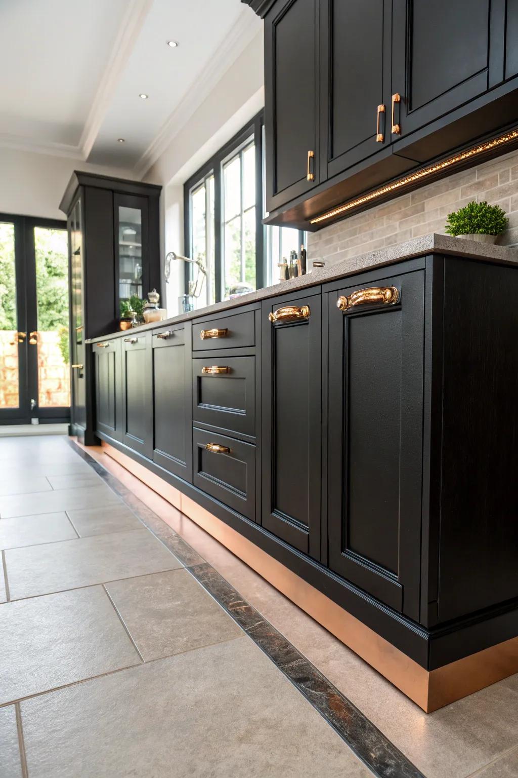 Bronze skirting adds a subtle touch of grace to the foundation of dark cupboards.