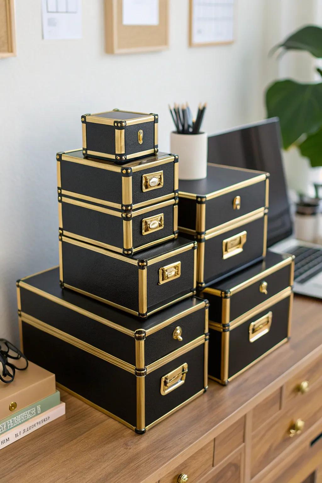 Dark and gilded storage systems keep your workspace well-organized and stylish.