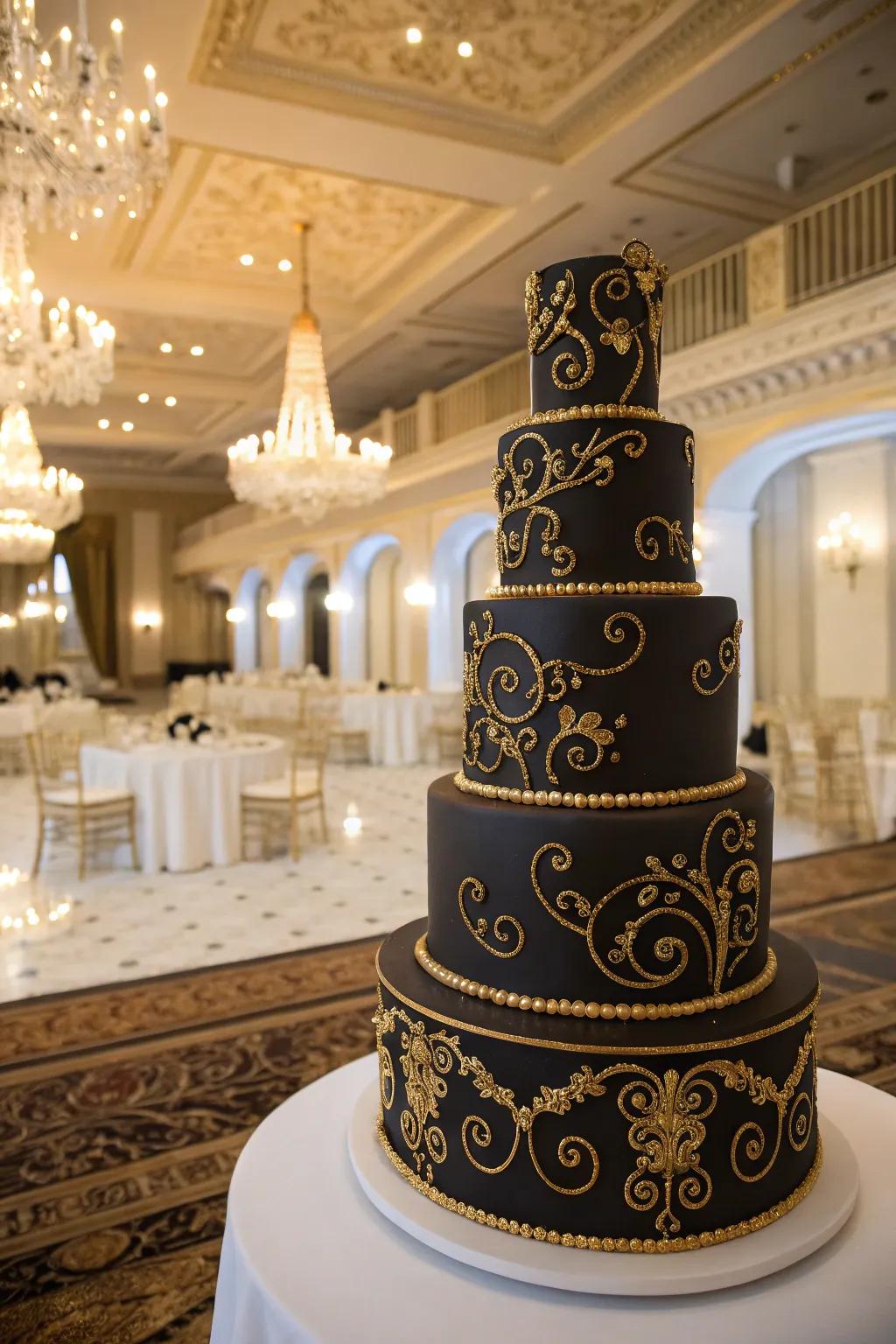 Ornate embellishments turn this cake into a regal masterpiece.