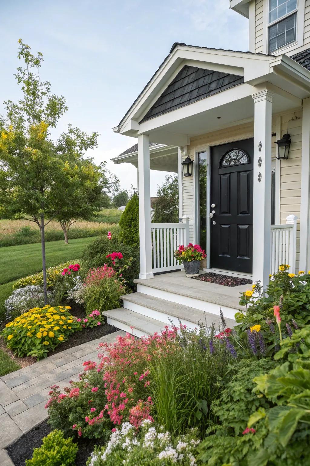 A welcoming entranceway featuring a striking black entry.
