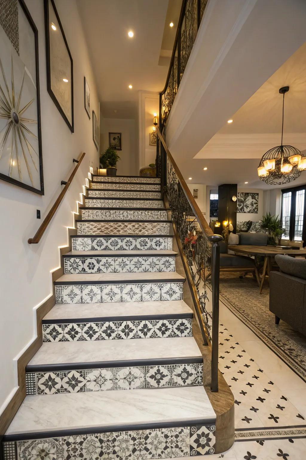 A staircase clad in noir and blanc tiles, providing both durability and style.