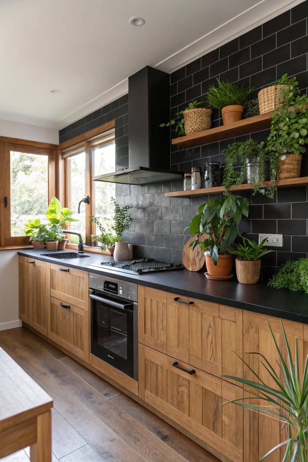 Nature meets modern design in this kitchen, where plants complement the ebony backsplash.