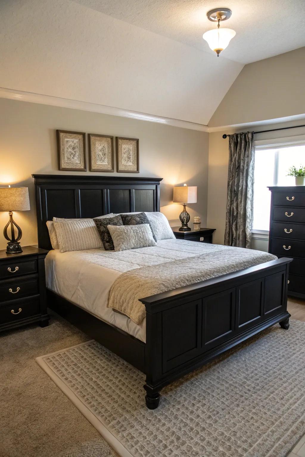 A revitalizing contrast of light beddings against dark furnishings.