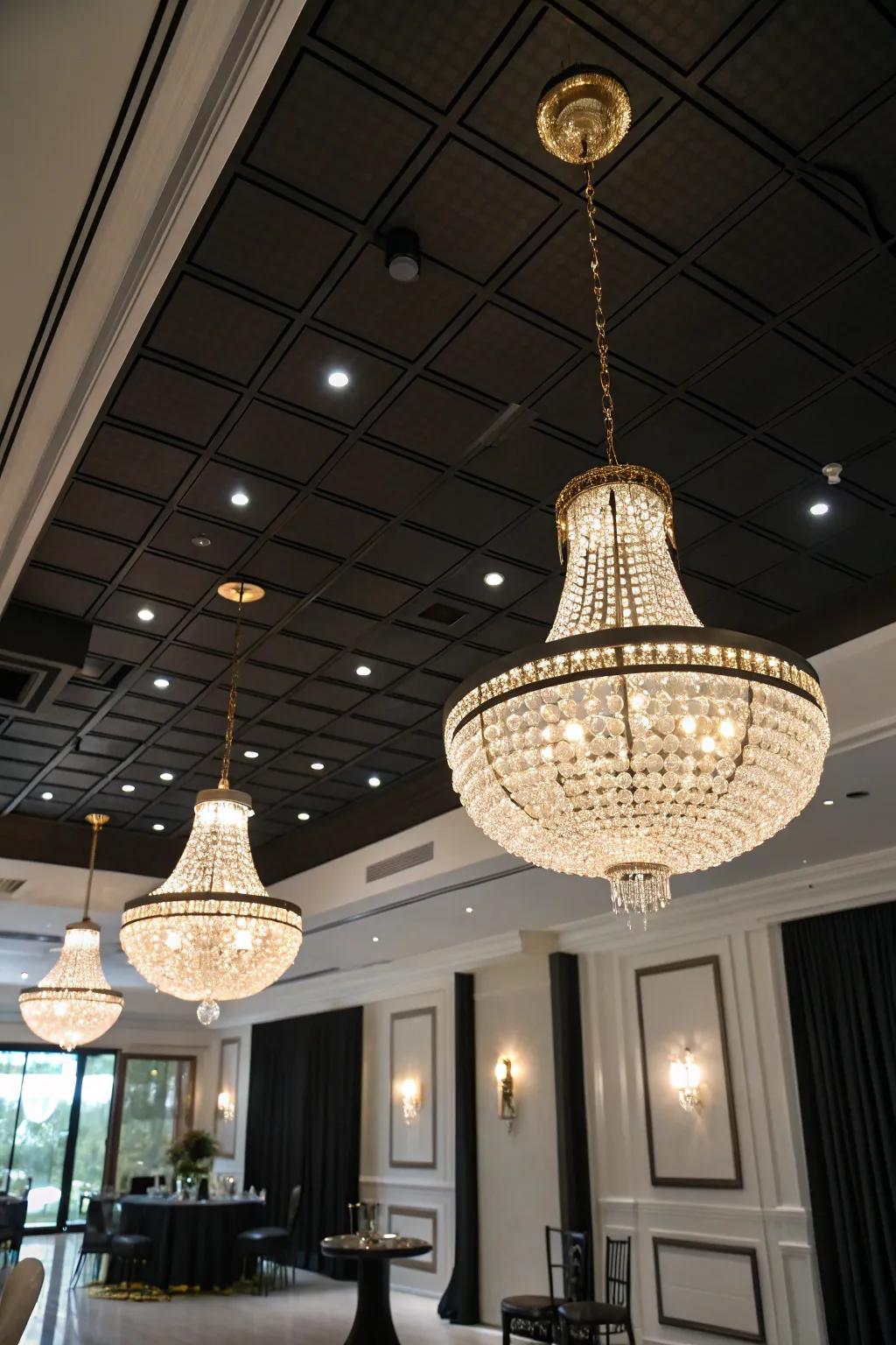 An elegant room where lighting fixtures accent a dark overhead.