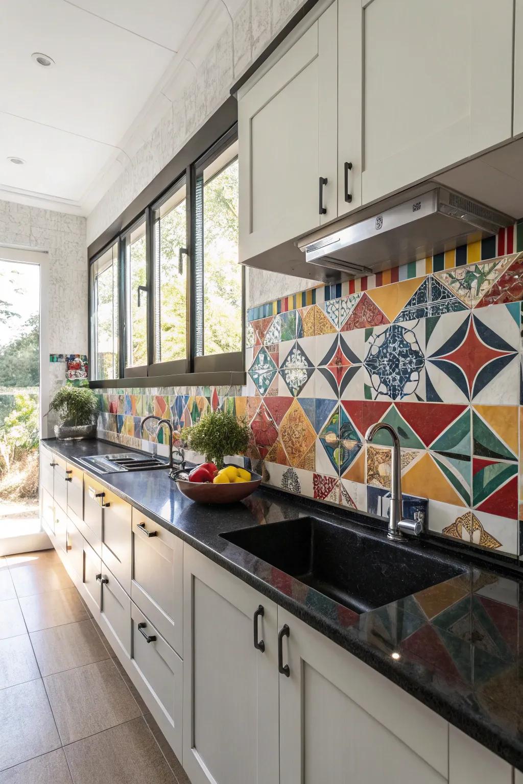 A decorative backsplash adds visual appeal to black countertops.