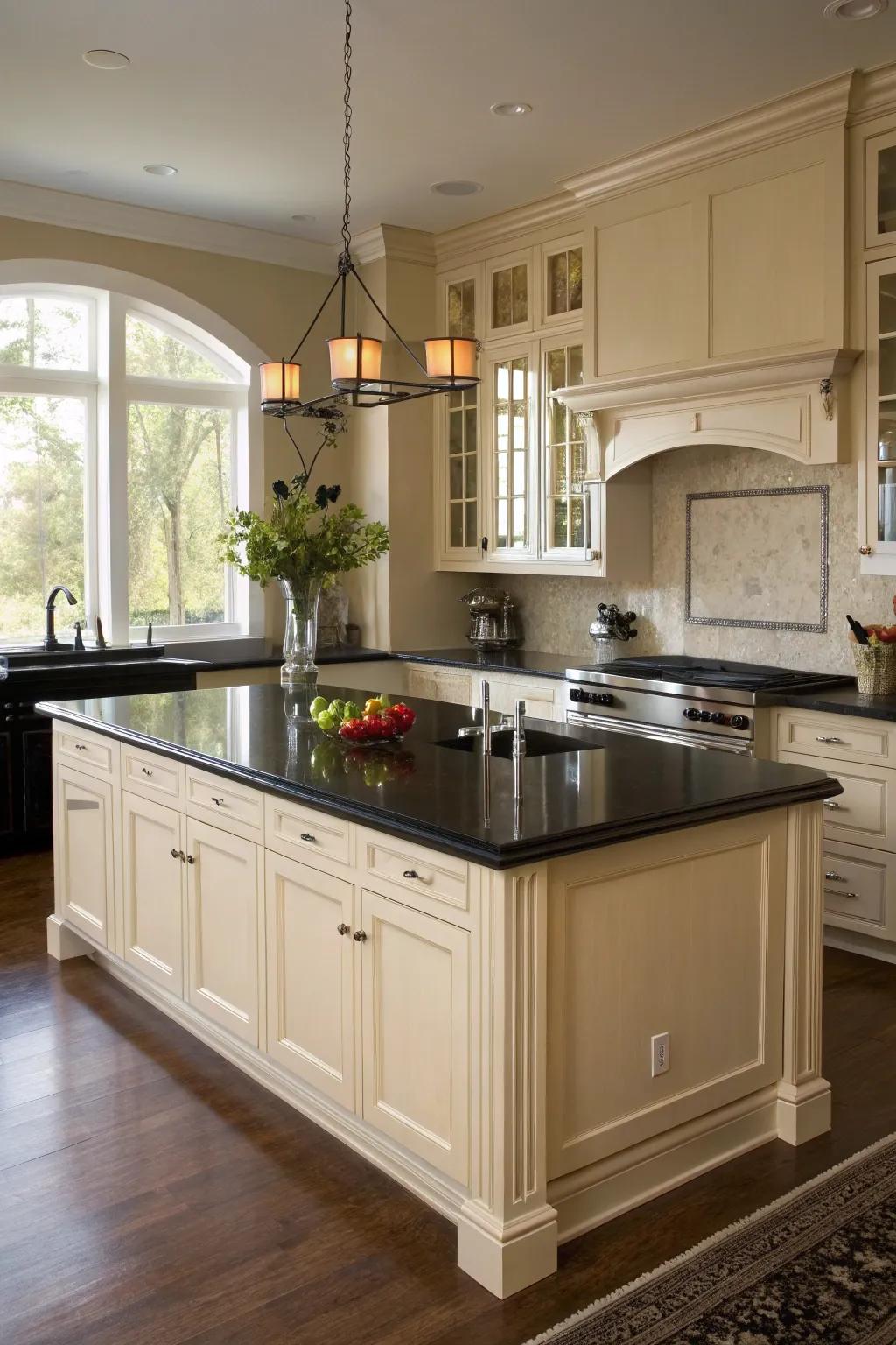 A ebony worktop island functions as a striking focal feature.