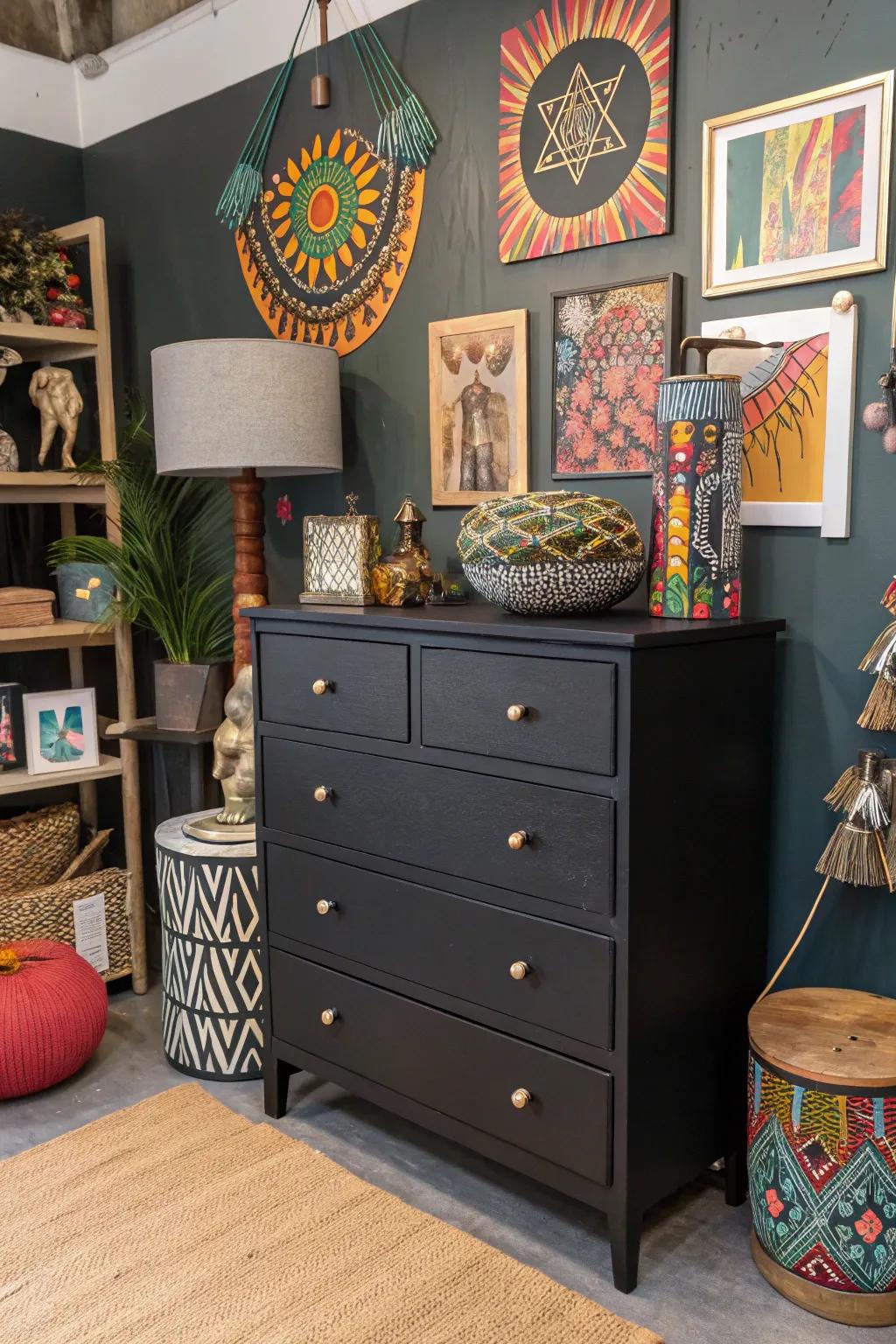 An eclectic decor style featuring a dark wood dresser as the centerpiece.