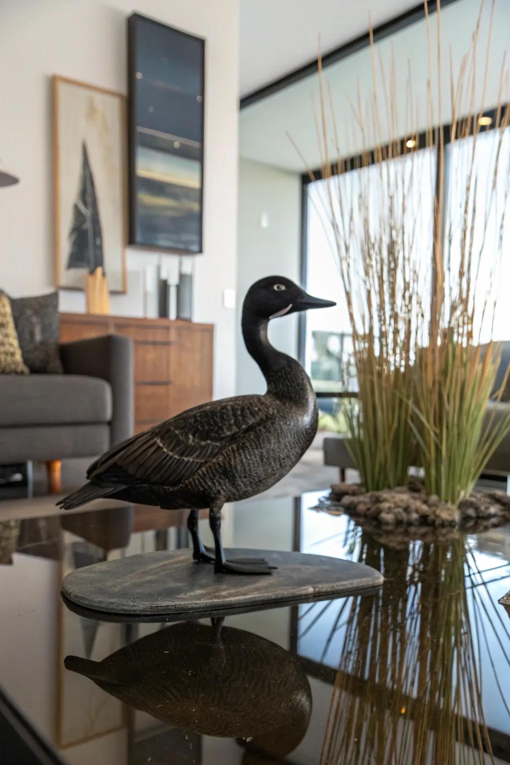 A bronzewing sculpture fashioning a realistic water setting impression.