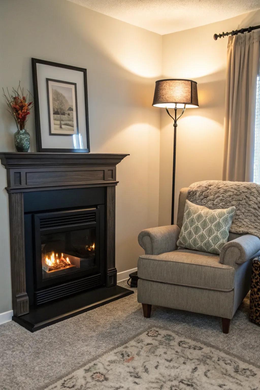 Maximize small spaces with an elegant dark corner hearth.