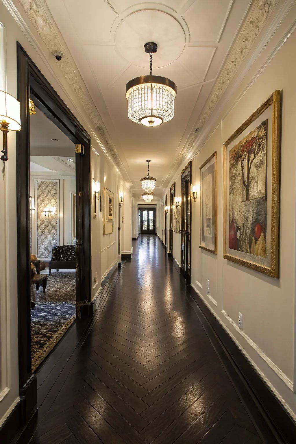 Appealing hallway with dark hardwood floor.