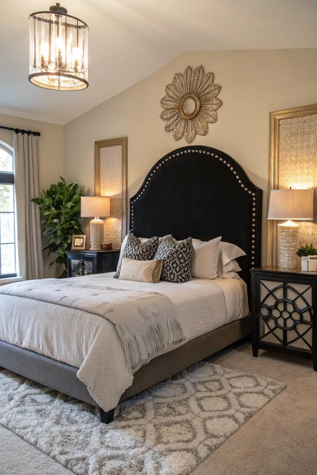 Sophisticated bedroom featuring a distinctive dark-toned curved headboard
