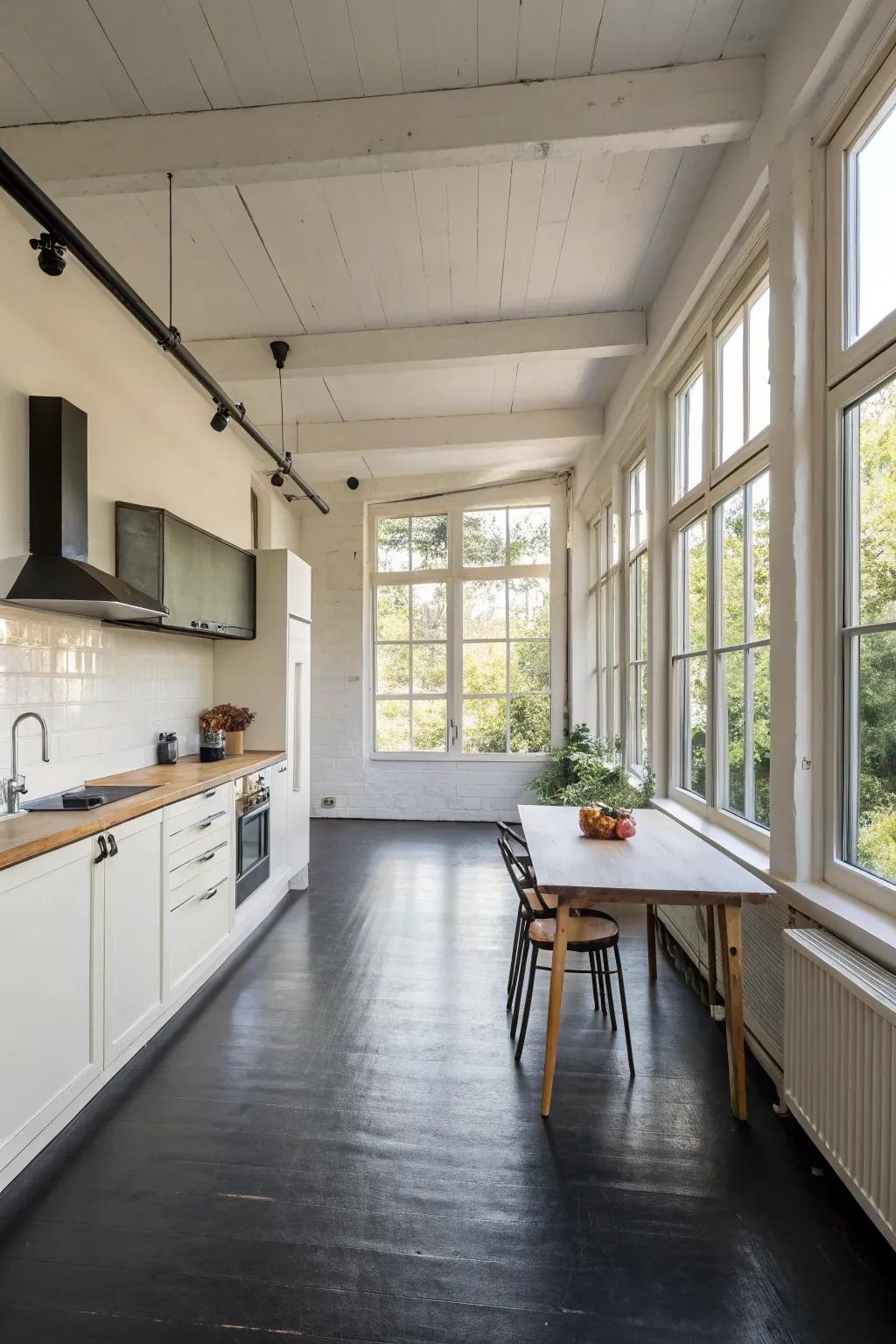An open kitchen design where ebony flooring assumes center stage.