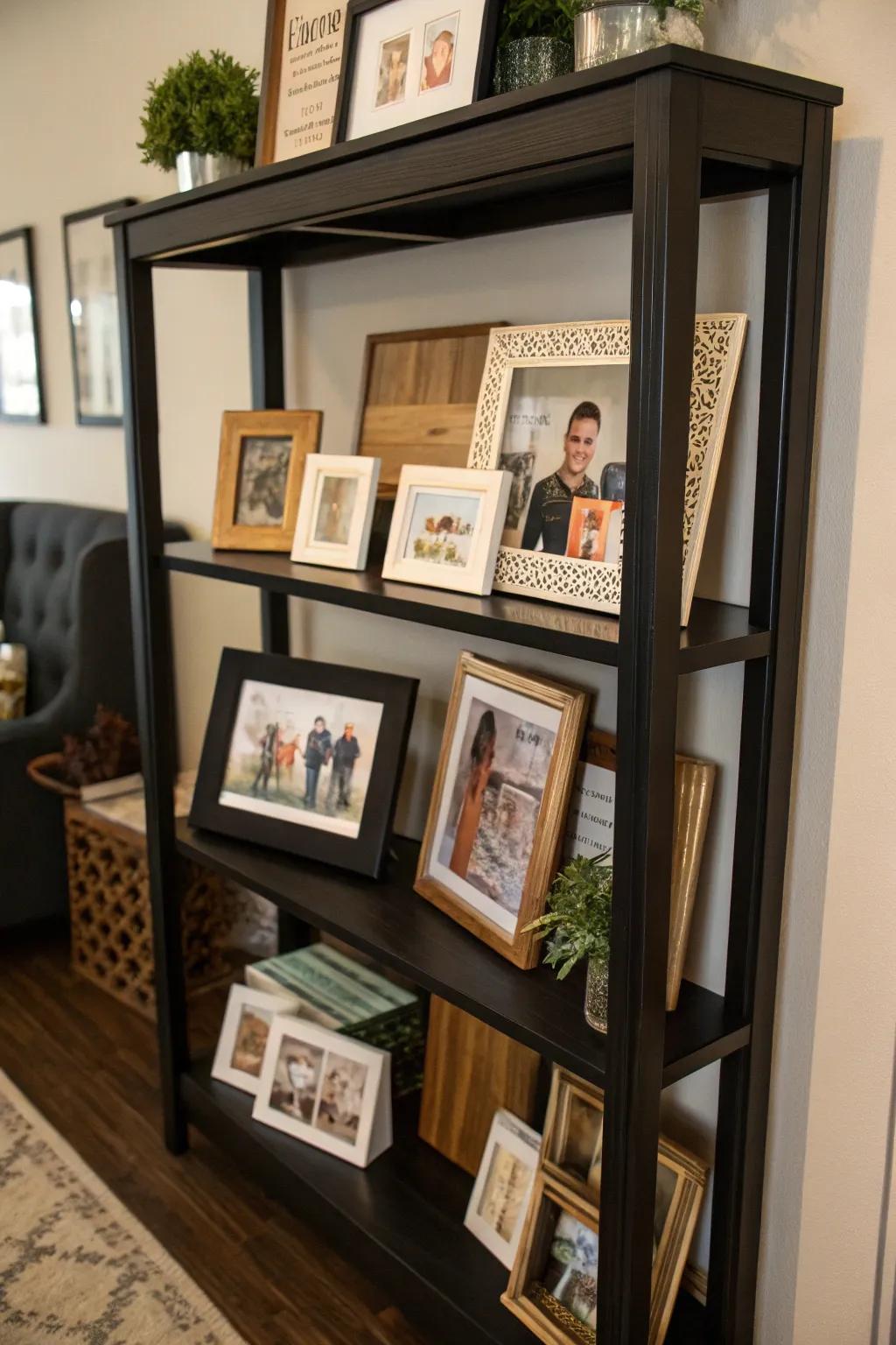 Unique artwork and pictures enriching the uniqueness of a dark-colored shelf.