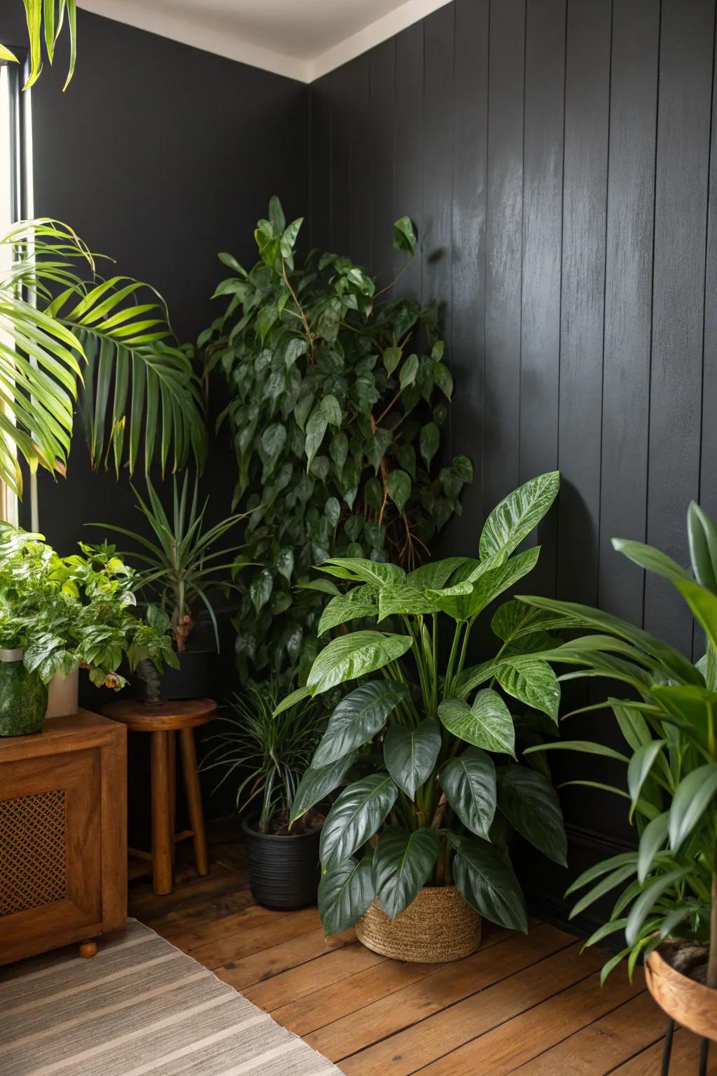 Houseplants introducing color to a black wall.