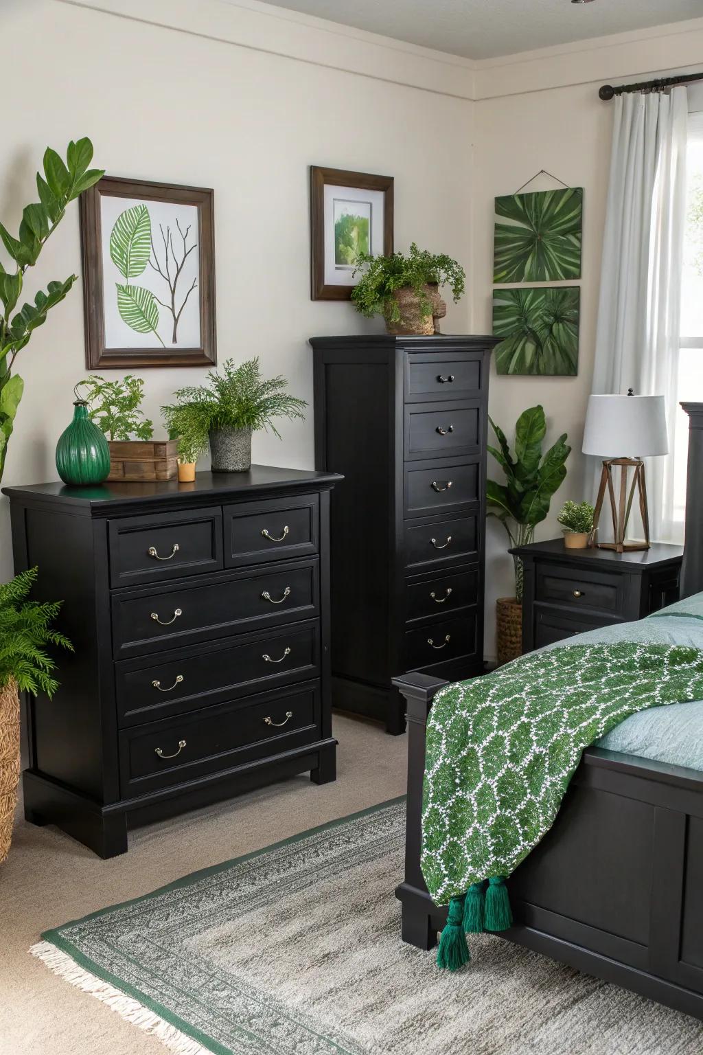 Audacious ebony furnishings constructing a contemporary contrast with verdant decor.