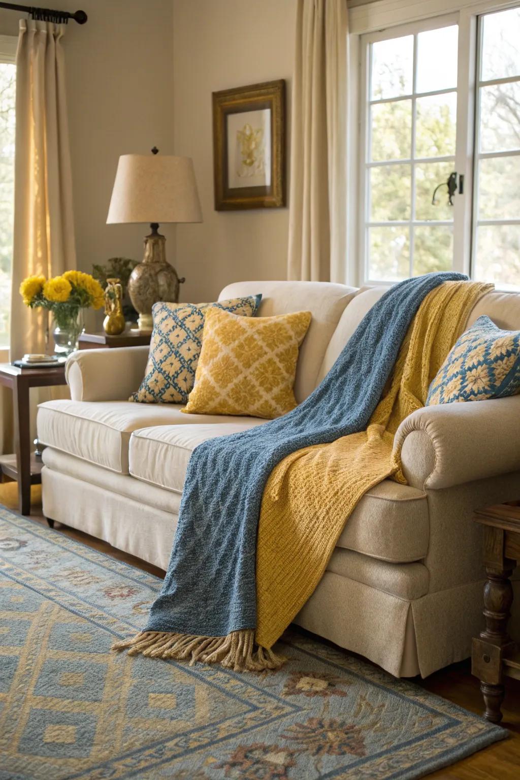 A settee adorned with an azure and gold snug blanket for a cozy element.