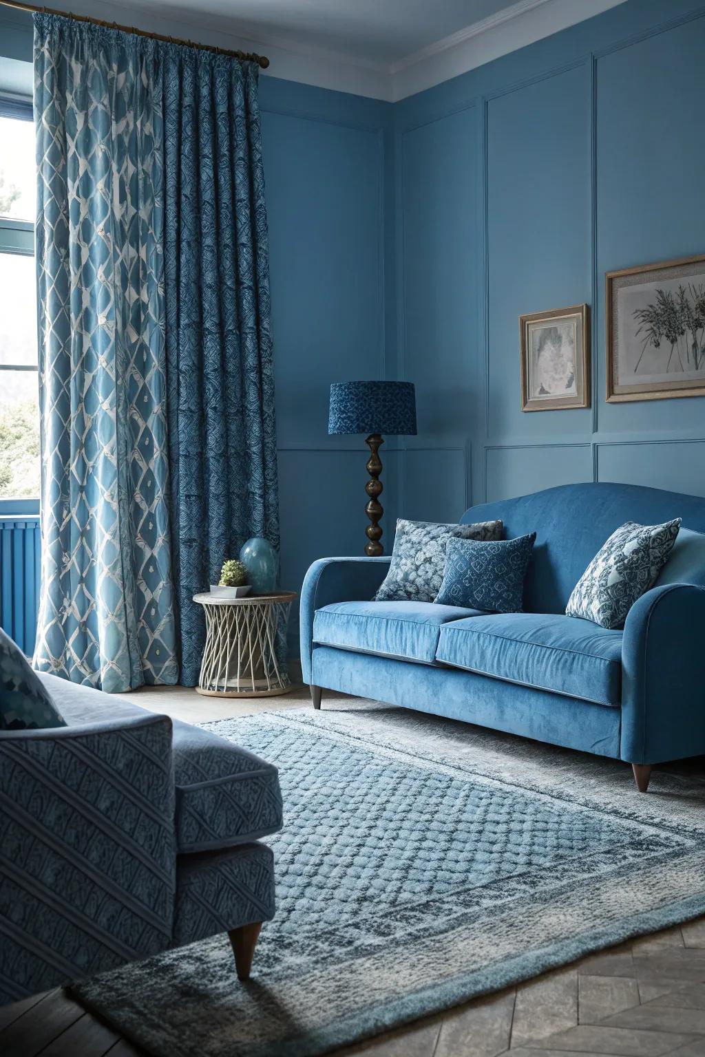 A monochrome blue design creates a peaceful and unified living area.
