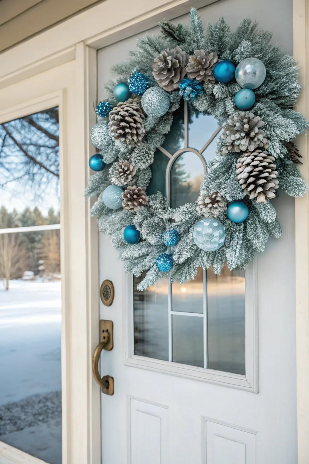 An icy blue garland offers a warm welcome to holiday guests.