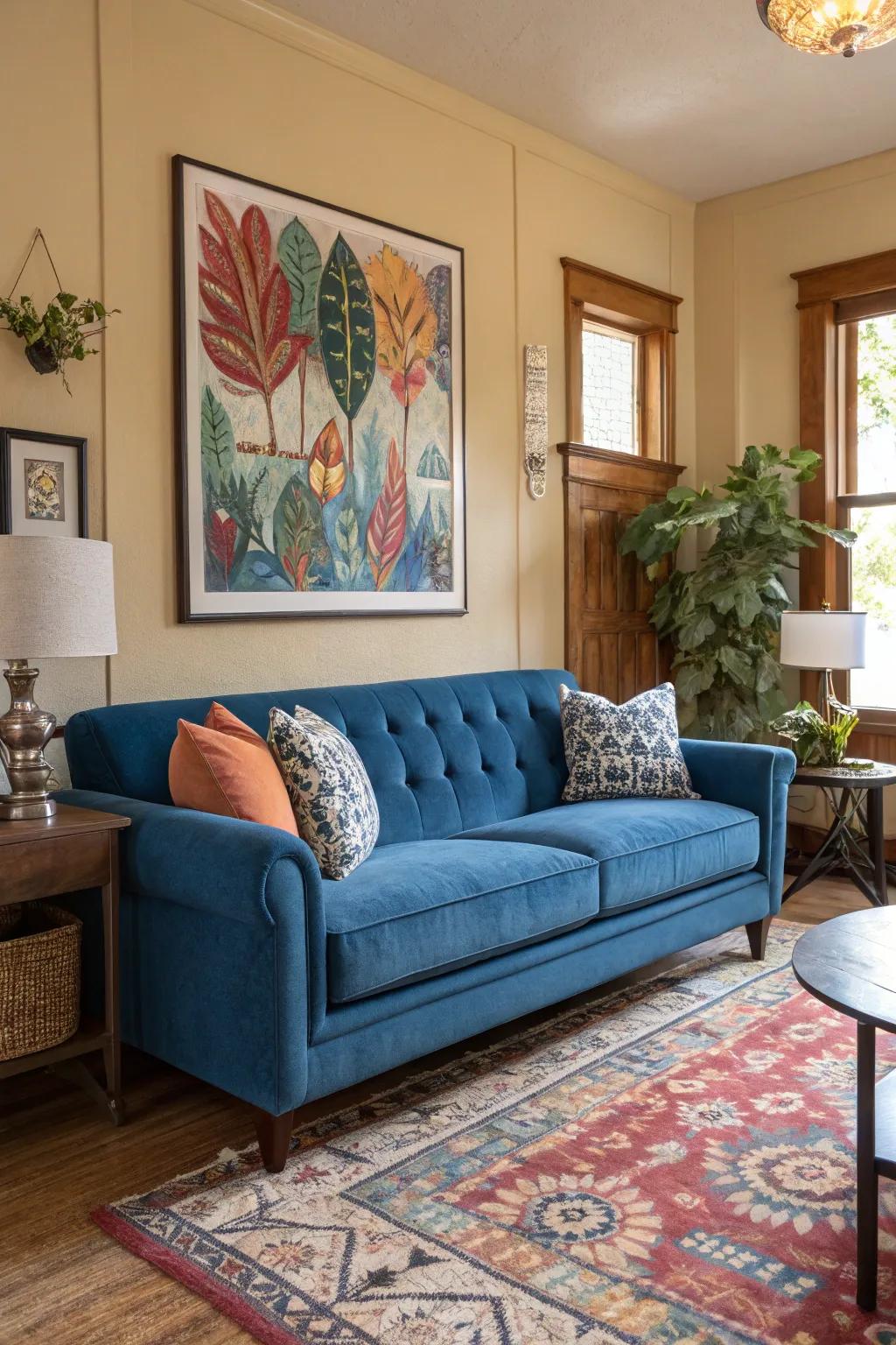 Wall art blends seamlessly with the sapphire settee for a personalized touch.