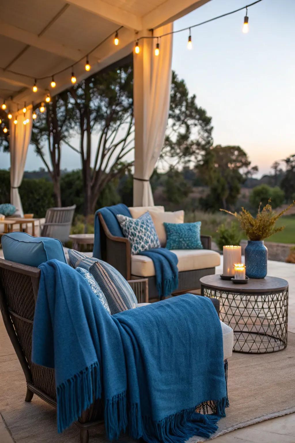 A cozy outdoor seating area with blue pops.