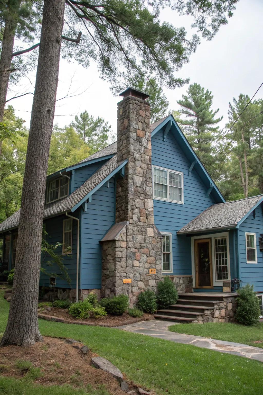Stone accents impart texture and charm to blue houses.