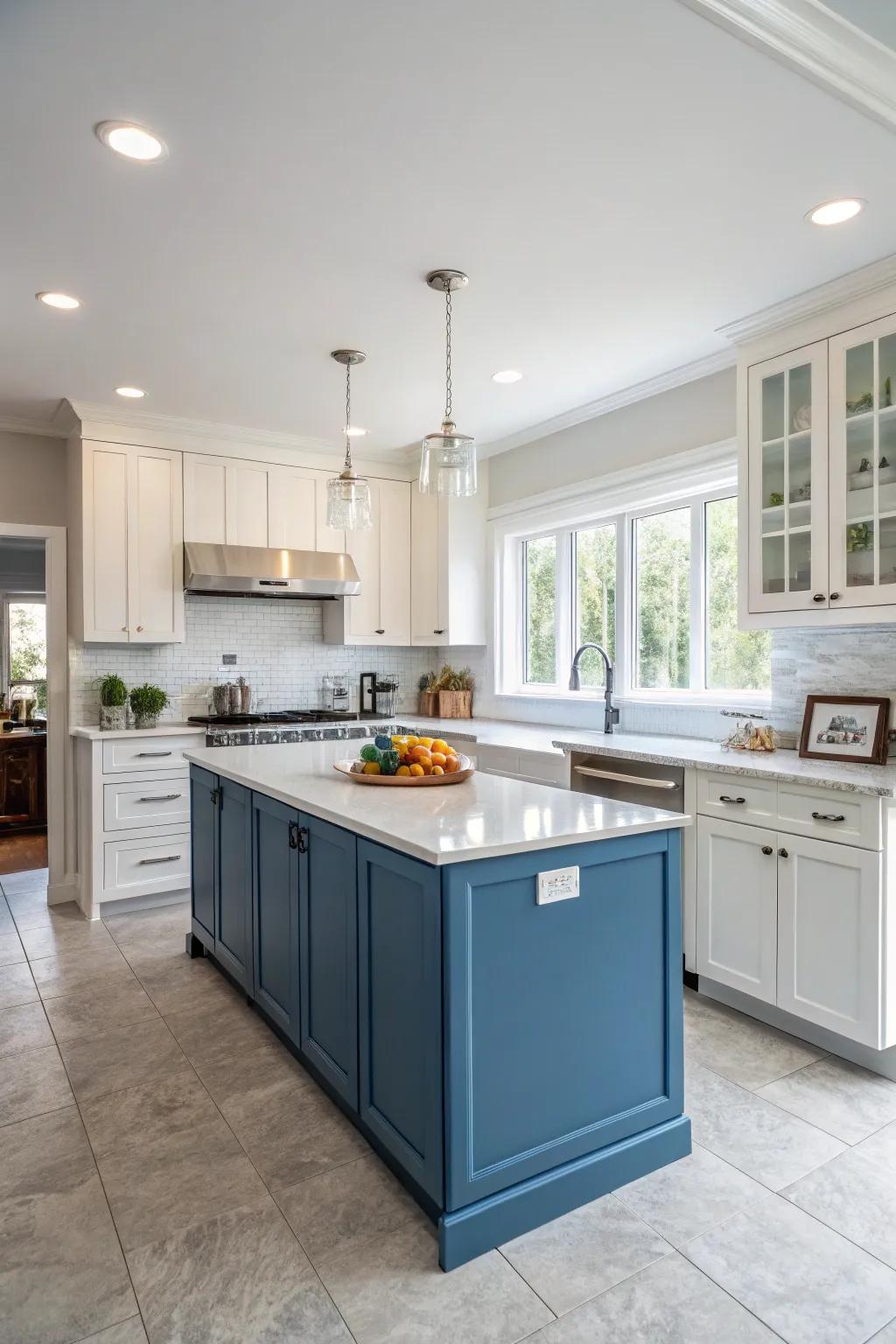 Dual-toned cupboards merge azure with bright for a modern and tailored cooking area aesthetic.