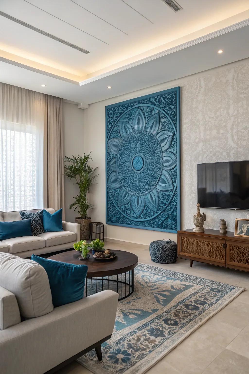 Remarkable blue wall art becomes an eye-catching feature in this contemporary living room.