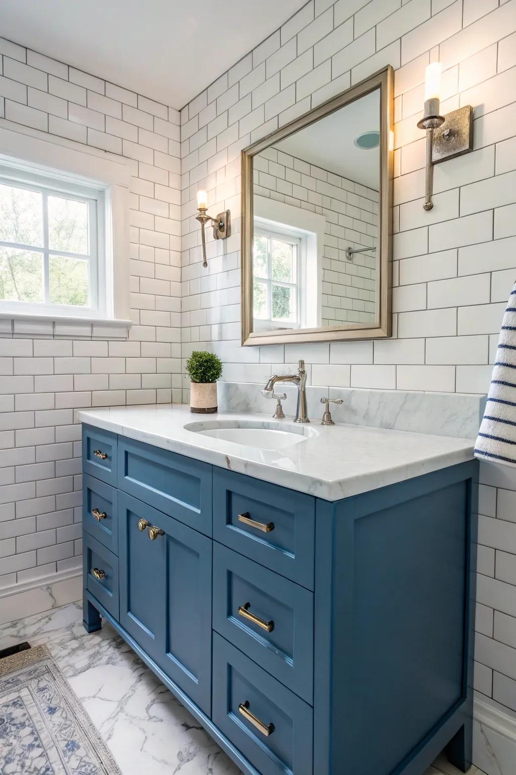 Contrasting elements highlight the allure of a blue vanity.