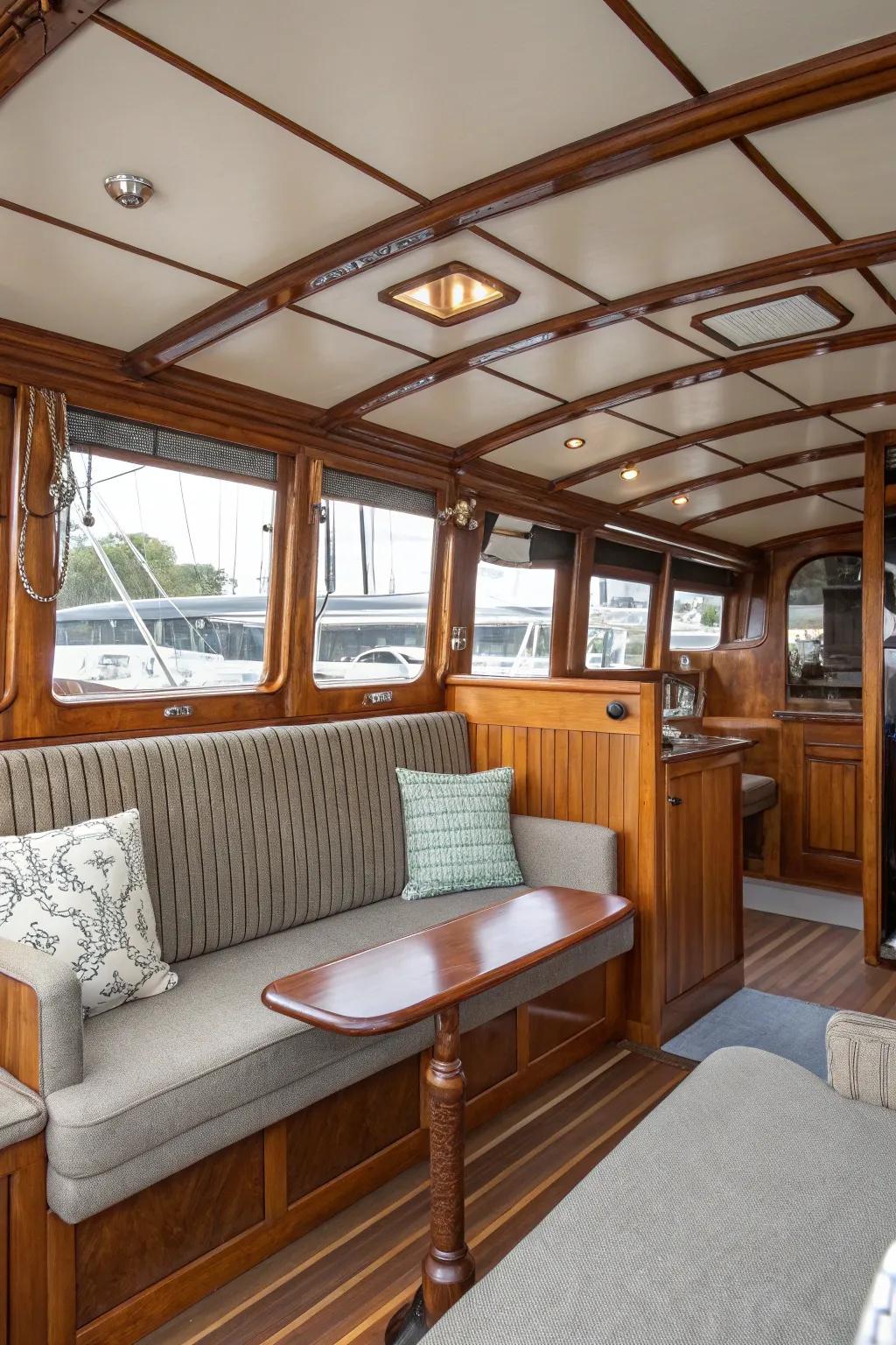 A harmonious fusion of classic and modern aesthetics for an inviting boat interior.