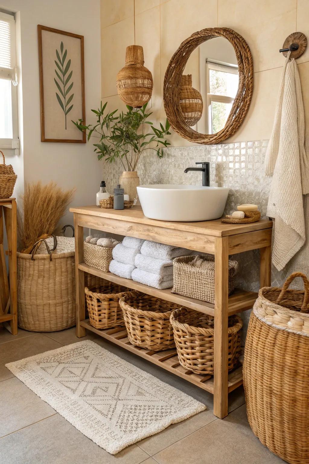 A boho bathroom highlighted by woven and cane aspects.