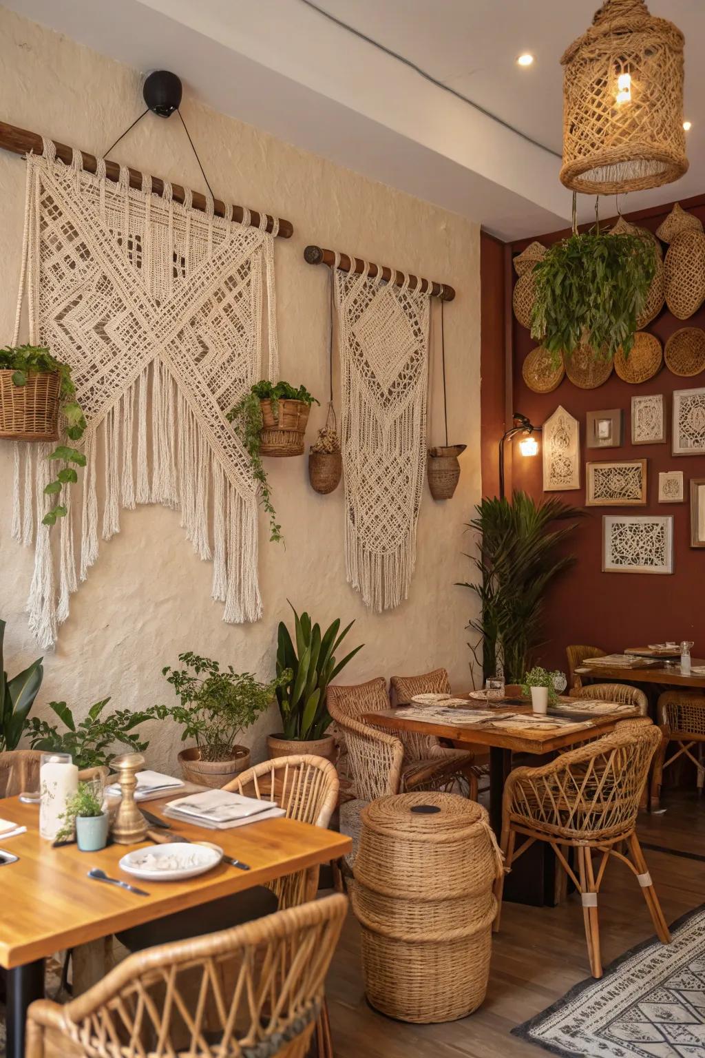 Artistic knotted decor amplifying a boho dining area's charm.