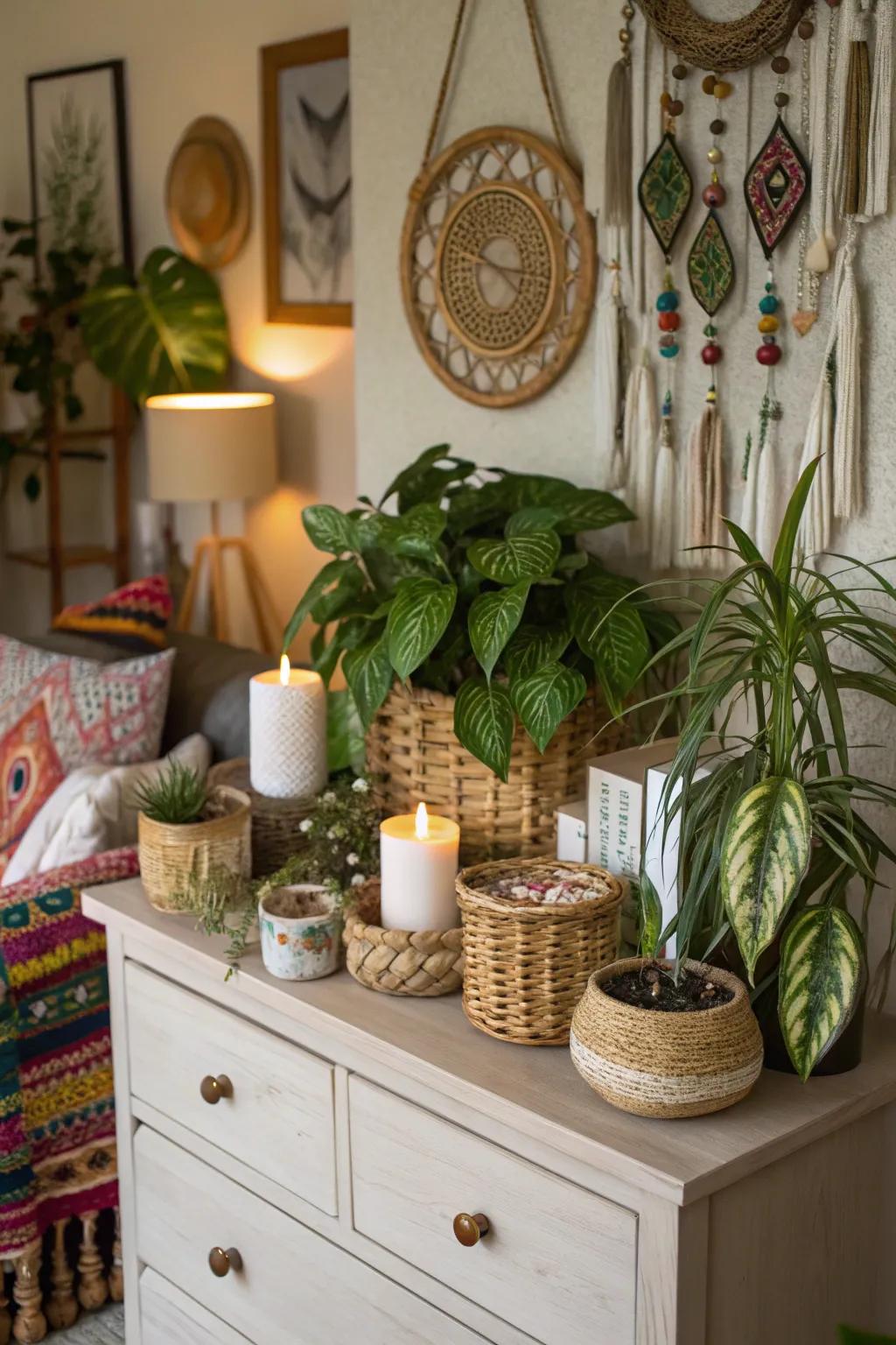 Lush greenery enhances the natural allure of this boho dresser.