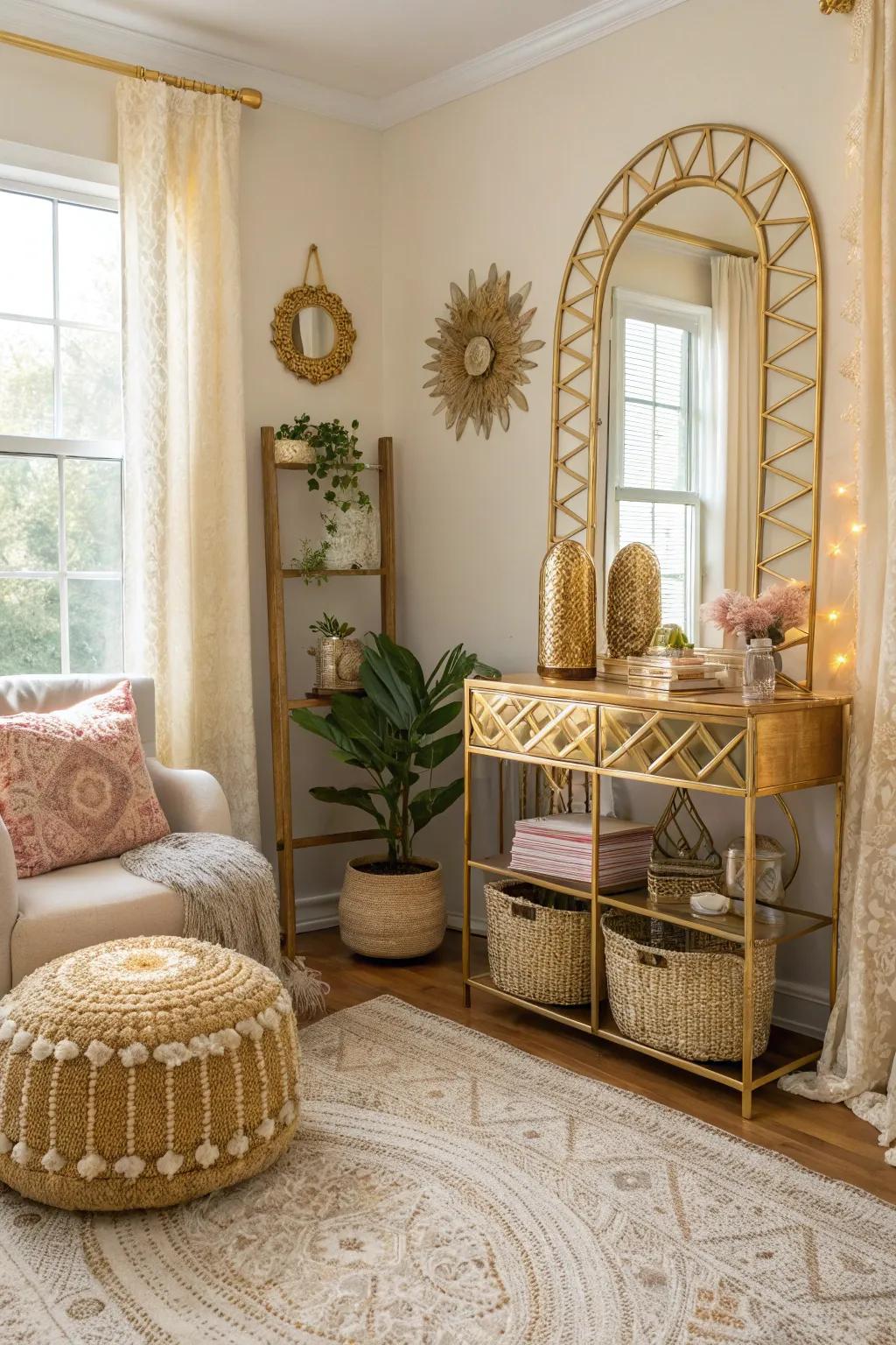 Golden features contribute a subtle sparkle that perfects the boho glam aesthetic.