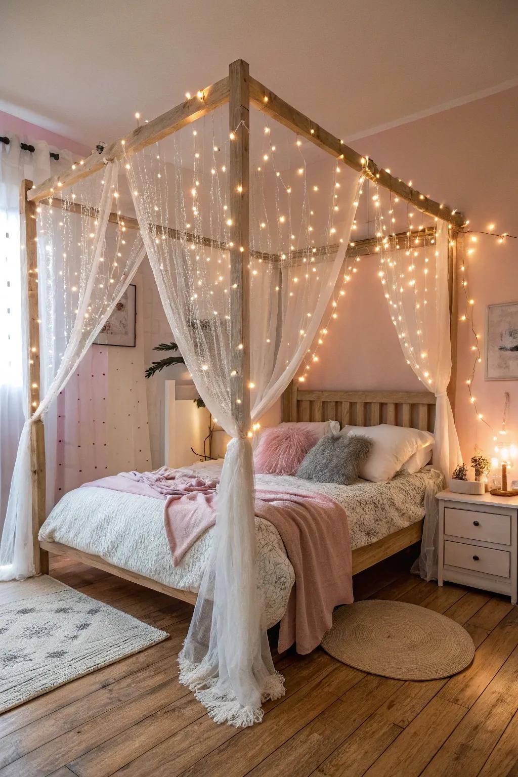 Twinkle lights draped over a canopy bed in a boho bedroom.