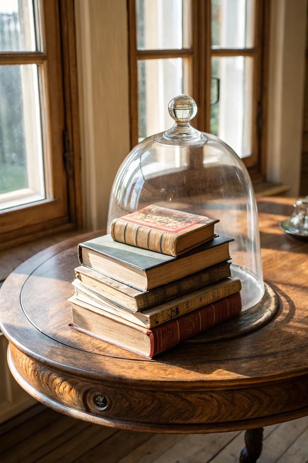 Refined elegance with books safeguarded under a glass dome.