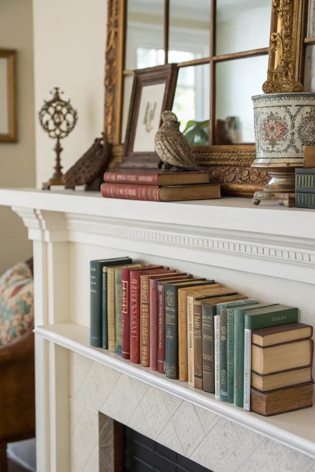 Ornaments add a special touch to mantels filled with books.