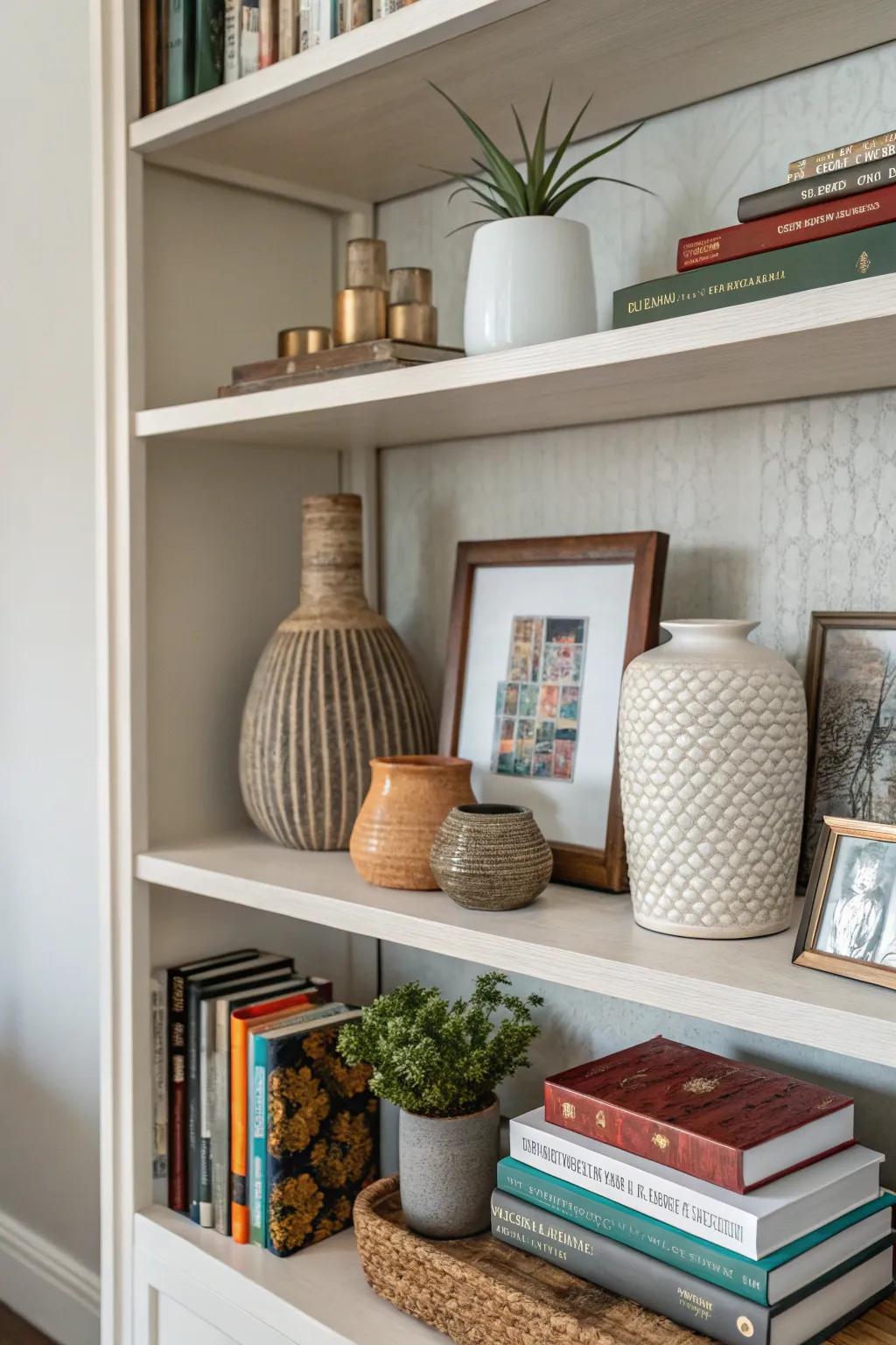 Arranged decor aspects crafting depth and visual intrigue on a shelf.