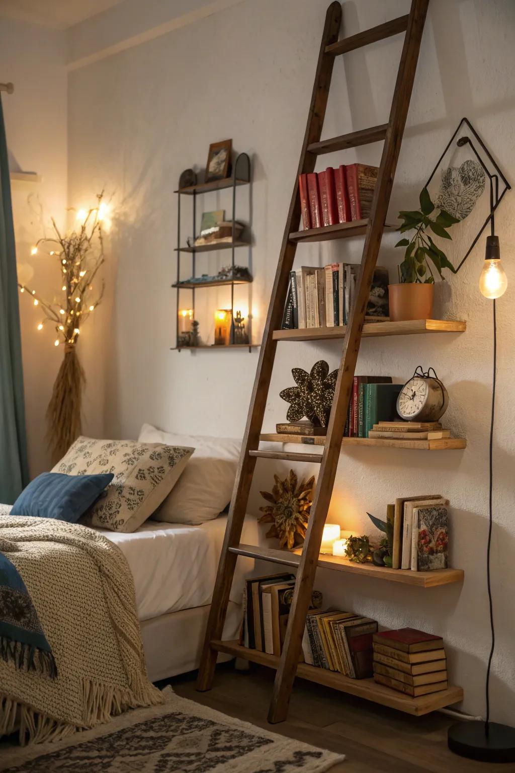 A chic ladder bookshelf that enhances the room's aesthetics.