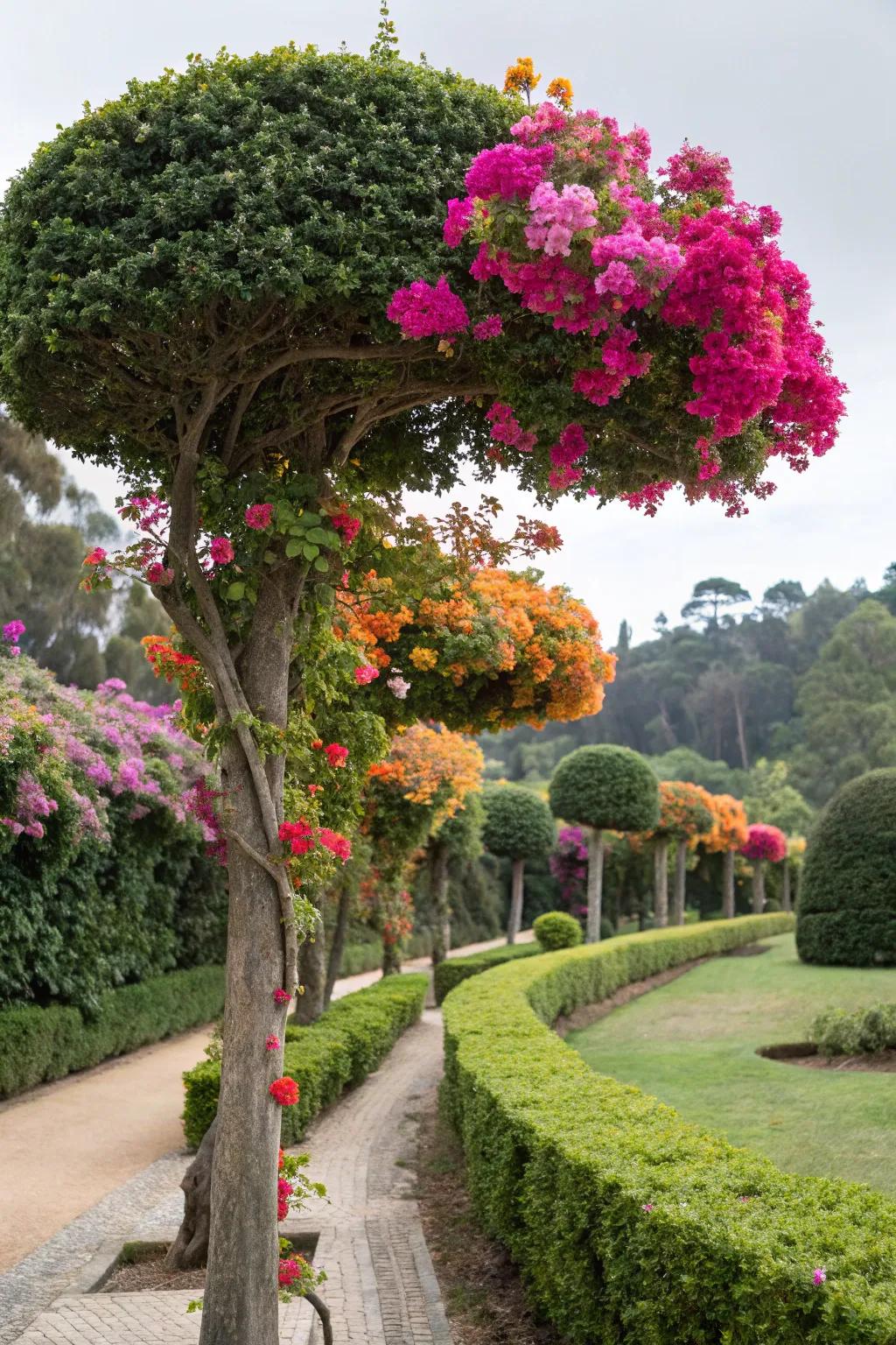 Bougainvillea gives color to topiary trees in a garden.