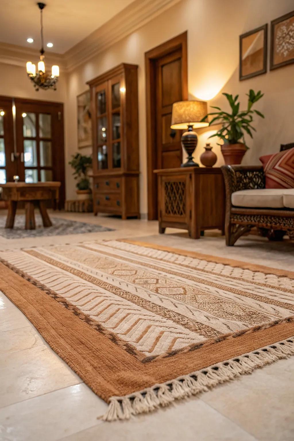 A stylish rug adds warmth and texture to the spirits room.